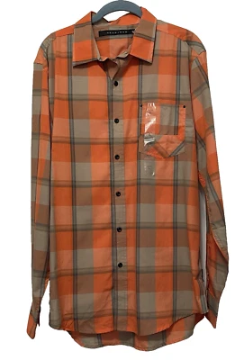 Sean John 衬衫男式大号橙色格子长袖前口袋新品 — 第 1/4 张图片