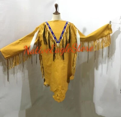 Camisa de guerra estilo americano antigo couro cru franjas Sioux frisada Powwow NAL195 - Imagem 1 de 4