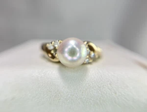 Vintage 10k Yellow Gold Round White Cultured Pearl Natural Diamond Ring - Picture 1 of 5