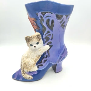 Victorian Style Shoe Planter Cat Figurine Purple Boot Vase Ceramic Vintage 8.5” - Picture 1 of 12