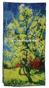 Oblong 100% Pure Silk Art Scarf Wrap Handrolled w Van Gogh "Peach Tree in Bloom" - Picture 1 of 5