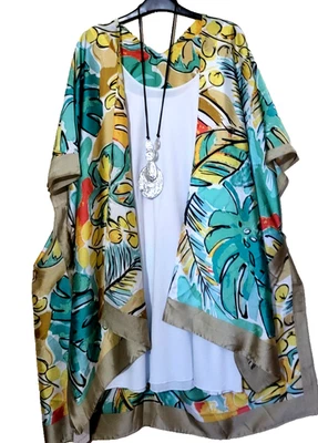 Kimono artesanal desenhado à mão macio leve longo quimono plus size dourado taup - Imagem 1 de 4