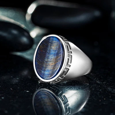 925 Sterling Silver Ring with Oval Lapis Lazuli Stone and Greek Pattern for Men - Image 1 of 4