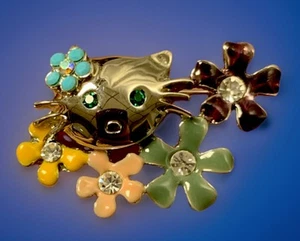 Hello Kitty Pin - Brooch - Silver Flowers Rhinestones - Picture 1 of 3