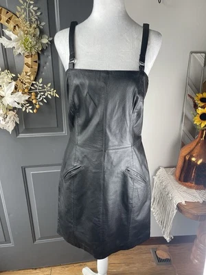 Vintage Newport News Genuine Black Leather Dress Sz 12 Biker Grunge Goth  - Image 1 of 4