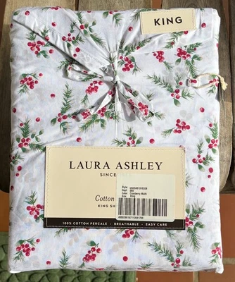 Laura Ashley Cotton Percale KING Size Sheet Set  Mistletoe Berry Christmas - Image 1 of 4