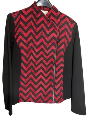 Chicos Woven Jacket Size 2 M L Red Black Chevron Asymmetrical Zip Front - Image 1 of 4