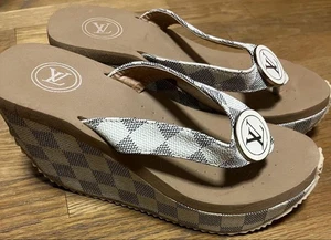 Louis Vuitton Damier Check Wedge Thong Sandals Leather Size 38 Women Authentic - Picture 1 of 8