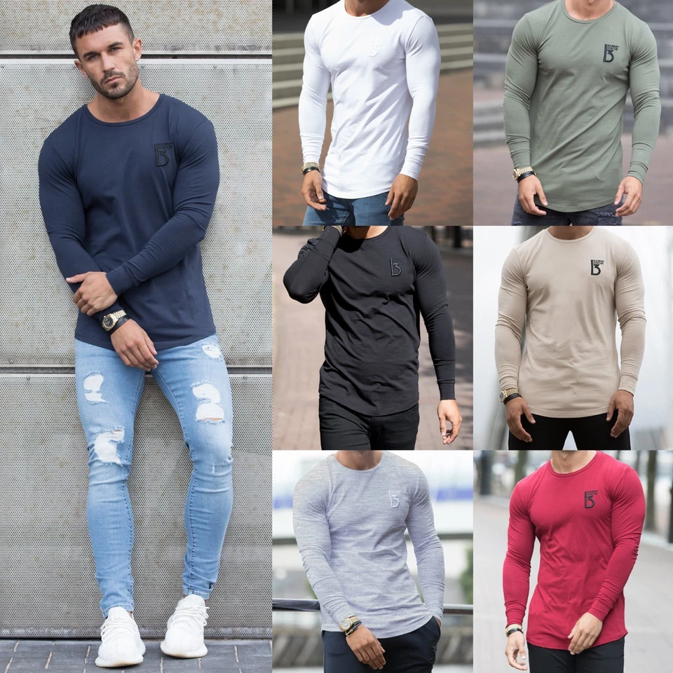 Mens Slim Muscle Fit Long Sleeve T Shirt Gym Designer Plain Curved Hem Tee Top - Image 1 of 1