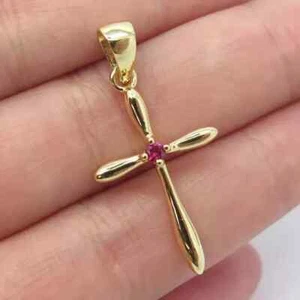 Colgante Cruz Mujer Corte Redondo Rubí Rosa Creado en Laboratorio 1Ct Chapado en Oro Amarillo 14K - Imagen 1 de 5
