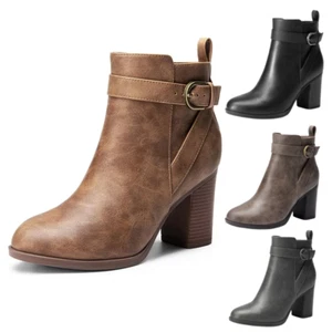 Women Round Toe Chunky Block High Heel Side Zipper Ankle Booties Shoes - Picture 1 of 38