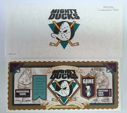 1993 Mighty Ducks of Anaheim Inaugural Commemorative Game Ticket Cover