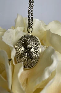 Bronze Antique Gold Dragonfly Locket Necklace Pendant Keepsake BIRTHDAY Gift - Picture 1 of 9