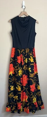 Dress Julie Miller Maxi Vintage California Long 60s 70s Floral Black Orange Mod - Image 1 of 4