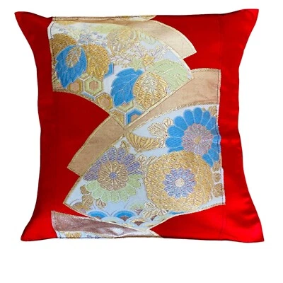 18" Glittering Japanese Kimono Obi Pillow Cover Handmade/Red/Flower  F/S 254 - Image 1 of 4