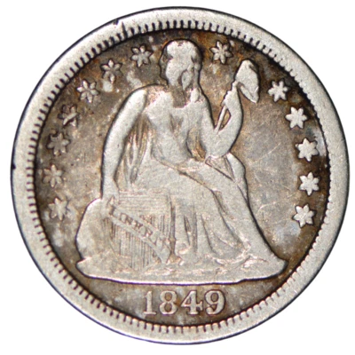 Moneda de diez centavos libertad sentada 1849 ~ detalles finos Foto 1 de 2