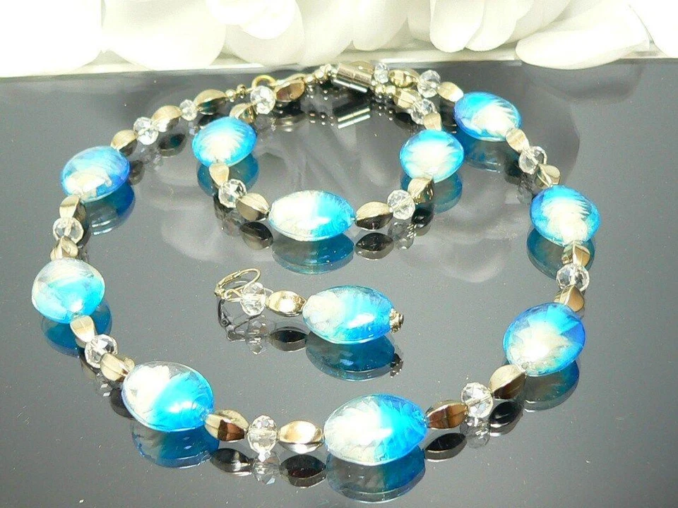 3er Schmuckset SCHIMMERND Silberfolie LAMPWORK Twist türkis weiß KRISTALL  449a - Bild 1 von 4