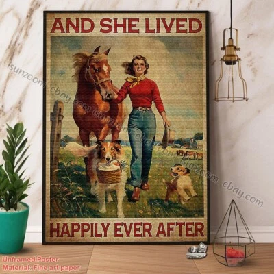 Póster de papel de niña y perro caballo y ella vivió feliz para siempre sin marco arte de pared Foto 1 de 4