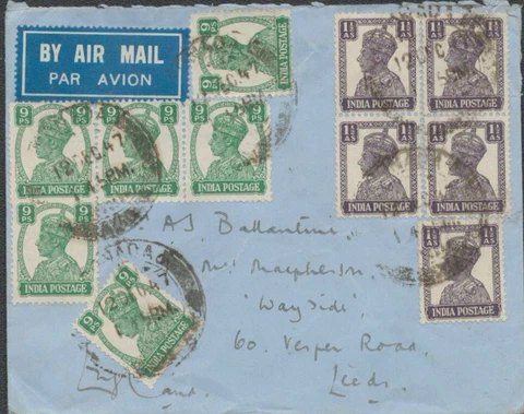 1947 British India Cover with 11 Stamps -Spectacular Franking for Small Envelope Cover