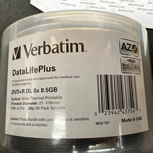 VERBATIM AMERICAS LLC 43754 DVD+R DL 8.5GB 8X WHITE WIDE THERMAL PRINTABLE 50PK - Picture 1 of 6