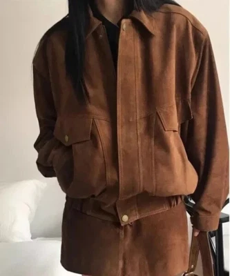 Brown  Suede Bomber Leather Jacket Women Size XS S M L XL XXL 3XL Custom Made - Image 1 of 4