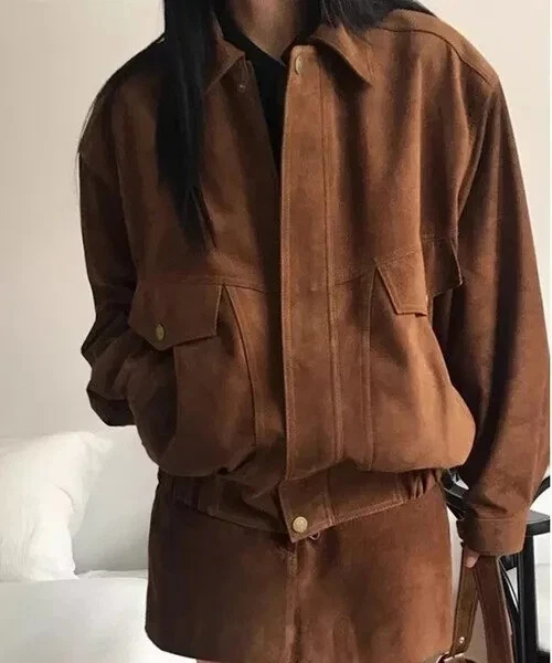 Brown  Suede Bomber Leather Jacket Women Size XS S M L XL XXL 3XL Custom Made - Image 1 of 4