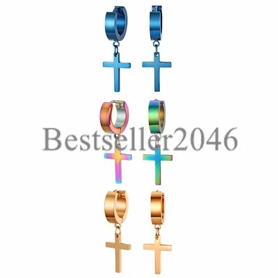 2шт мужчин женщин крест подвеской Huggie на петлях обруч из нержавеющей стали уха серьги-гвоздики - Изображение 1 из 4