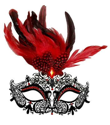 Red Black Dot Feather Masquerade Mardi Gras Metal Crown Mask Prom - Image 1 of 2