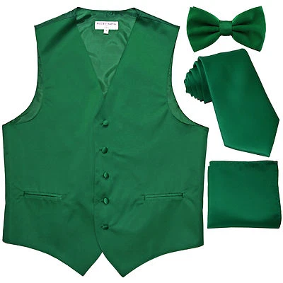 New Men's solid Tuxedo Vest Waistcoat & necktie & Bow tie & Hankie emerald green - Image 1 of 4
