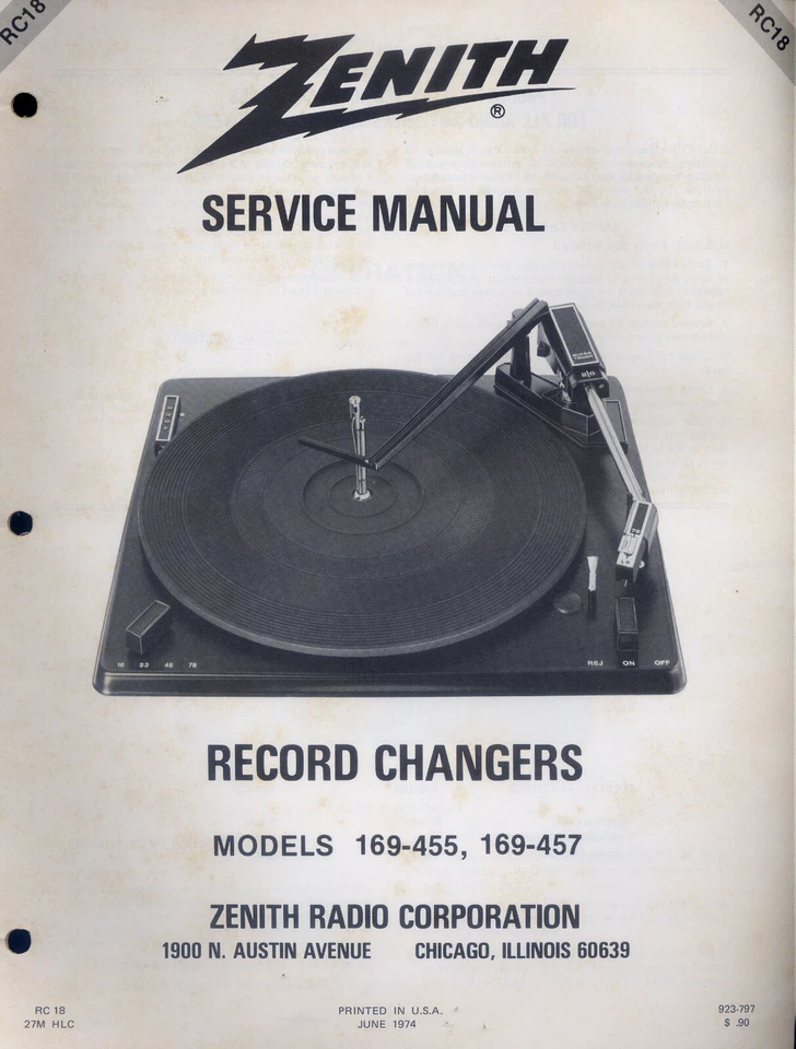 Zenith Service Manual Record Changer Models 169-455 and 169-457 PFAX69 - Image 1 of 1