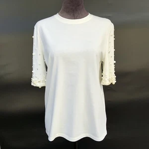 Maje Größe 1 Small Perlen & Kristall Akzente Kurzarm Baumwolle T-Shirt cremeweiß - Bild 1 von 24
