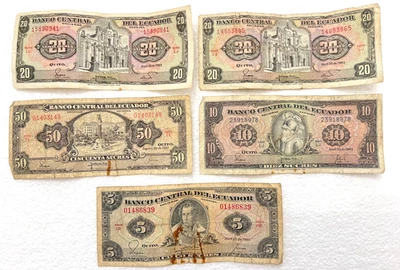 5 Billetes de papel moneda Banco del Ecuador Central Sucres Foto 1 de 4