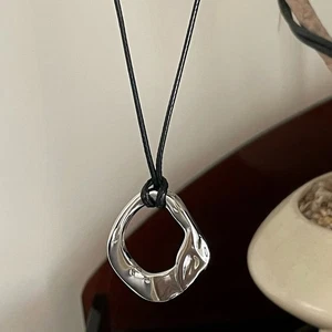 Modern Abstract Sculptural 925 Silver Pendant Wax Rope Necklace Cord Statement - Picture 1 of 11