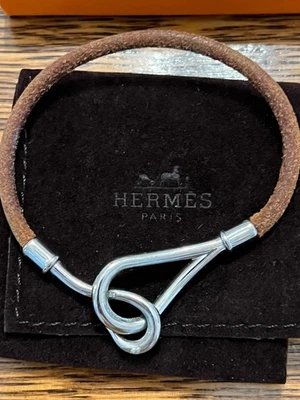Подлинный Hermes желтовато-коричневый кожаный шнур браслет серебряный крюк металлический подержанный - Изображение 1 из 4