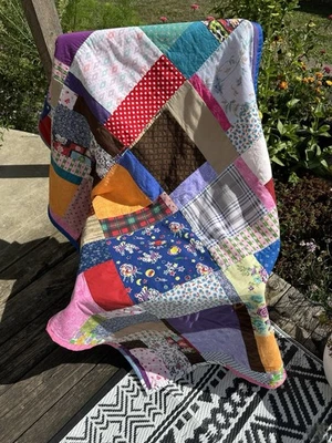 Vintage Hand Made 1940s Patchwork Quilt 35”x57”; **Rare & Gorgeous! - Image 1 of 4