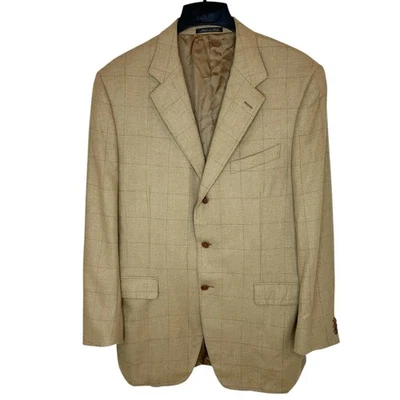 Trussini Wool Angora Sport Coat 46L 46 Long Tan Windowpane Blazer Jacket Luxury - Image 1 of 4