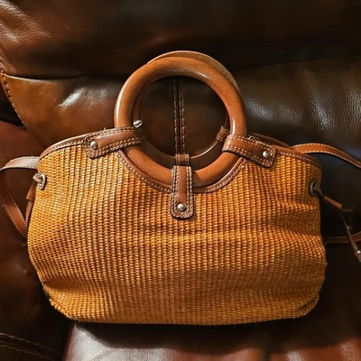 Fossil Med Brown Beig Classic 1954 Crossbody Straw Woven Ring Handle Satchel Bag - Image 1 of 4