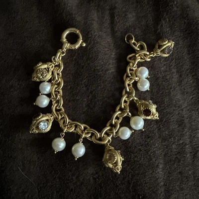 925 Sterling Gold Wash Couture Bracelet  Real Pearls & Gemstones! 8.5” Italy - Image 1 of 4