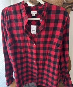 NWT 69.50 J. Plaid Flannel With Ruffle Neckline Button Down Red/blk Silv XL - Picture 1 of 12
