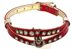 Vintage 1980er ~ 90er Jahre Glas Strass, rotes Leder Haustier Halsband 11,5 "Größe 12 - Bild 1 von 10