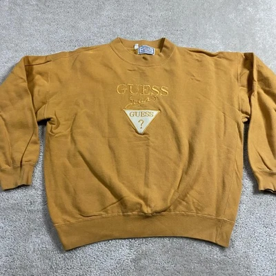 Vintage Guess Jeans Sweatshirt Mens L Yellow Logo Crewneck Made USA 90s - Image 1 of 4