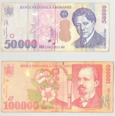 Romania 50,000 lei 2000 + 100,000 lei 1998 ; lot ; used . - Image 1 of 2