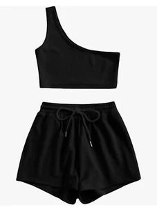 Black Women’s One Shoulder Tank Top And Lounge Shorts Two Piece Tank Set - Picture 1 of 9