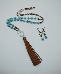 Natural Turquoise Beaded Tassel Necklace Earrings Set - Picture 1 of 6