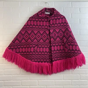 Vintage Guatemalan Aztec Knit Fringe Poncho Shawl Hot Pink Hippie Boho - Picture 1 of 8