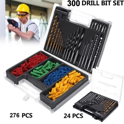 Drill Bits & Wall Plug Set 300Pc Multi Surface Bit Masonary Wood Metal Material