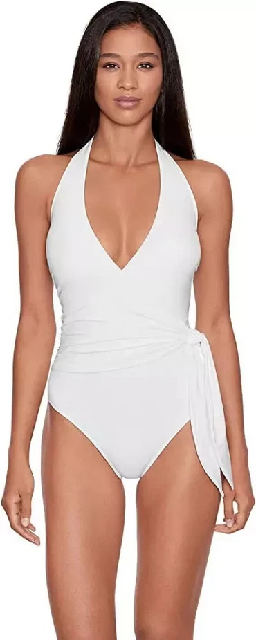 Lauren Ralph Lauren L144013 White Halter Tummy-Control One-Piece Size 12