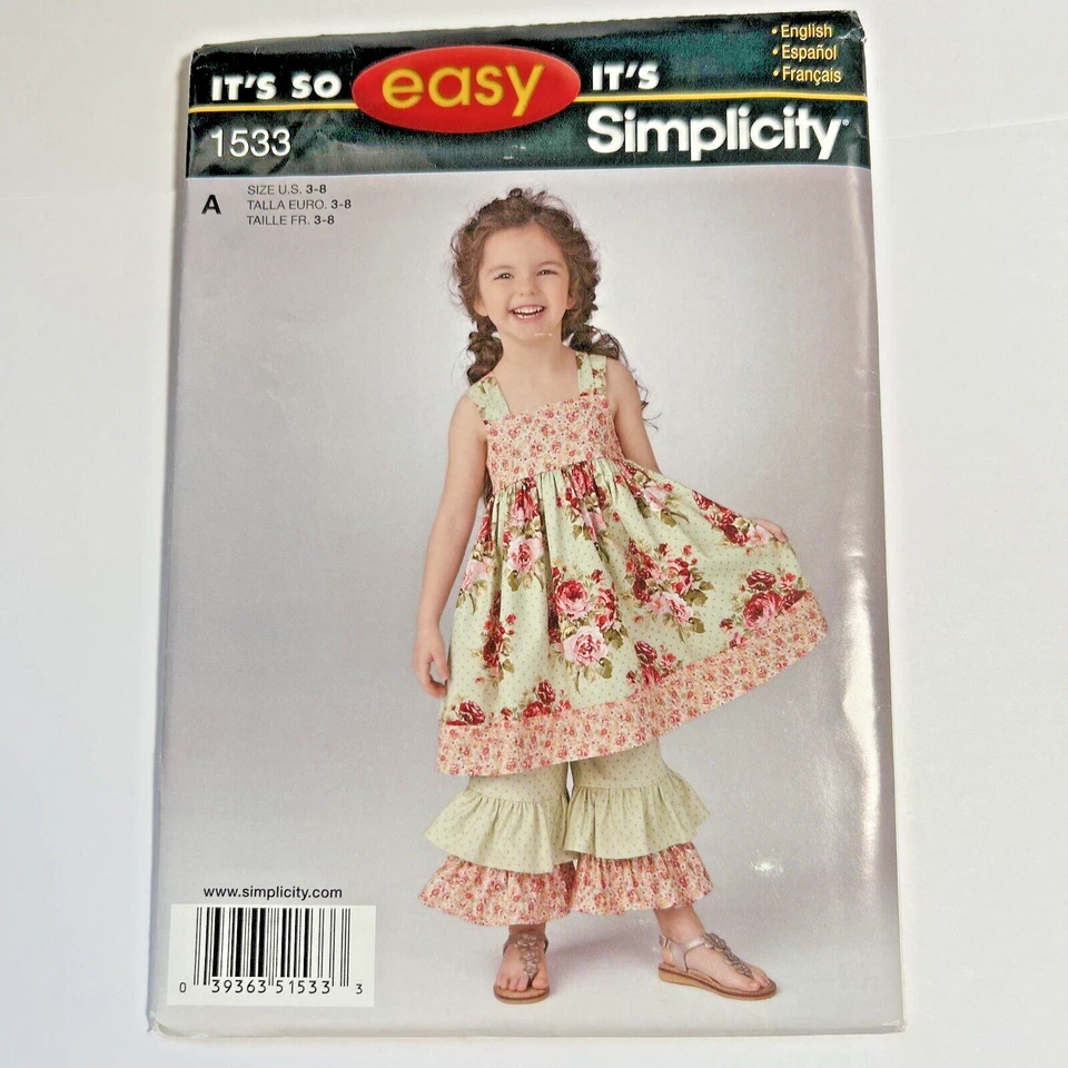 Simplicity 1533 Boho Sundress w Back Bow & Tiered Ruffle Pants Sz 3-8 - Image 1 of 4
