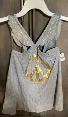 NWT GIRLS JUSTICE GRAY WITH METALLIC GOLD PEACE SIGN, HALTER SHIRT SIZE 10 - Image 1 of 4