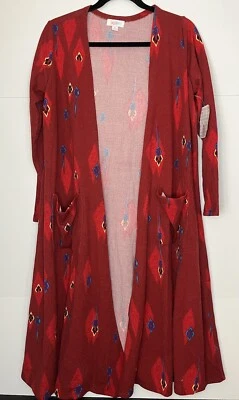 Cárdigan para mujer Lularoe Sarah mediano abierto largo plumero rojo azul azteca geométrico Foto 1 de 4